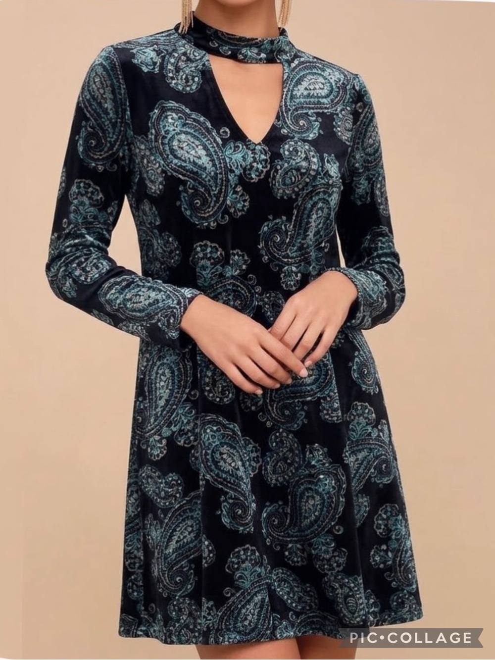 Sandra Darren Dress Velvet Paisley Cutout Choker Black Blue Shift NWT 12 (fits8)
